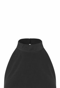 Top nero con collo halter, dalla texture liscia, colletto alto e chiusura a chiave sul retro. Realizzato in tessuto elastico per garantire comfort.