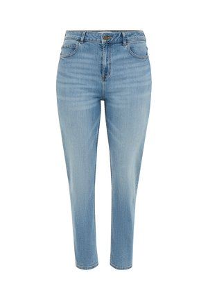 Light blue denim jeans with a high waist and tapered leg. Feature front and back pockets, belt loops, and a button-fly closure.