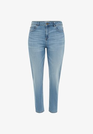 Hellblaue Jeans aus Denim mit hoher Taille und schmal zulaufendem Bein. Mit vorderen und hinteren Taschen, Gürtelschlaufen und einem Knopfverschluss vorne.