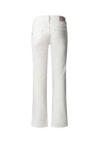 Baltos tiesios kelnės iš nugaros, su dviem galinėmis kišenėmis ir smėlinio atspalvio prekės ženklo ženklu ant juosmens juostos.