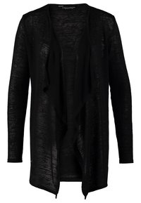 Cardigan negro de apertura frontal hecho de material ligero y texturizado. Cuenta con mangas largas y un diseño drapeado con un ajuste relajado.