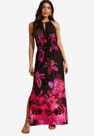 Maxi kjole i sort stof med livligt pink palme- og botanisk print, med halterneck, snøre i livet og sideslids.