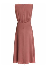 Ärmelloses midi Kleid in staubigem Rosa mit strukturiertem Stoff, tailliert und mit einem Rückenausschnitt mit Knopfverschluss.