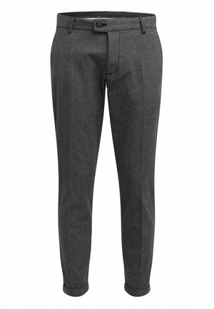 Pantalones de vestir gris con un sutil patrón texturizado, que presentan un cierre de botón y puños doblados. El interior incluye un forro de lunares.