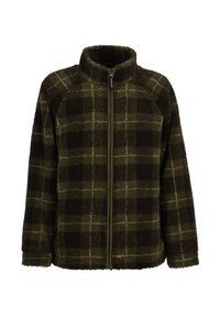 Zielona i ciemnobrązowa pikowana polarowa kurtka z pełnym zamkiem błyskawicznym i wysokim kołnierzem, wykonana z teksturowanej, miękkiej i ciepłej tkaniny.