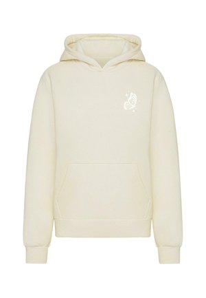 Cremefarvet hættetrøje med en frontlomme, snor i hætten og et lille sommerfuglegrafik trykt i hvidt på brystet. Blød tekstur.