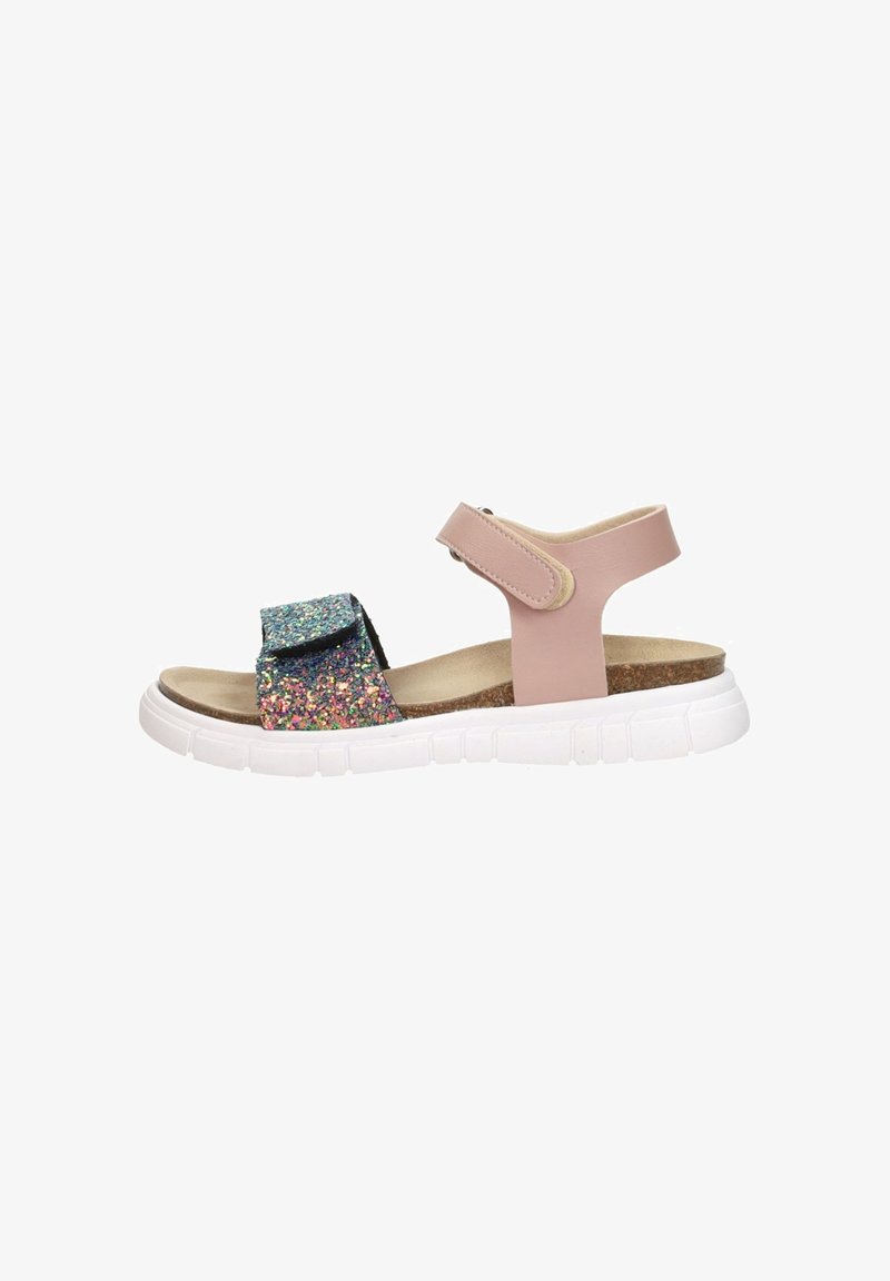 Sport sandals met een roze synthetisch bovenwerk, een multicolor glitterband en een witte rubberen zool met gestructureerde groeven.