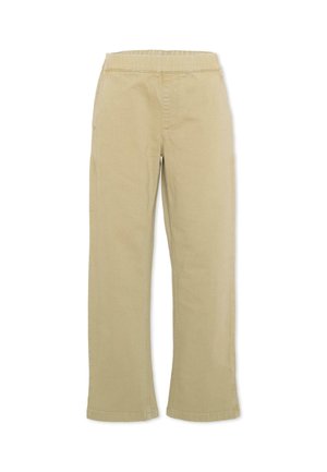 Pantalon beige droit avec une ceinture élastique, sans poches visibles ni ornements, présenté à plat sur fond blanc.