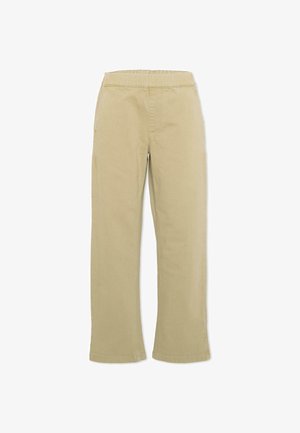 Pantalon beige droit avec une ceinture élastique, sans poches visibles ni ornements, présenté à plat sur fond blanc.