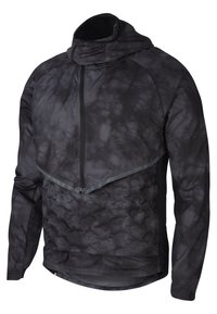 Veste à capuche noire et grise à motif, manches longues, demi-fermeture éclair devant et col haut, conçue pour une utilisation en extérieur.