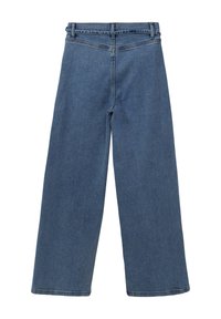 Helle blaue Denim-Weitbein-Hosen mit hoher Taille, flachem Frontbereich und minimalen Nähakzenten. Verfügt über ein klassisches Fünf-Taschen-Design.