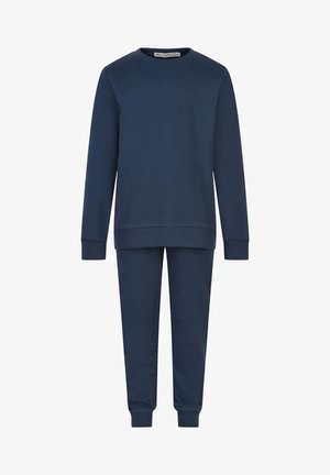 Zestaw składający się z granatowej bluzy i spodni, wykonany z miękkiej bawełny, z okrągłym dekoltem, długimi rękawami oraz elastycznymi mankietami przy kostkach i nadgarstkach.