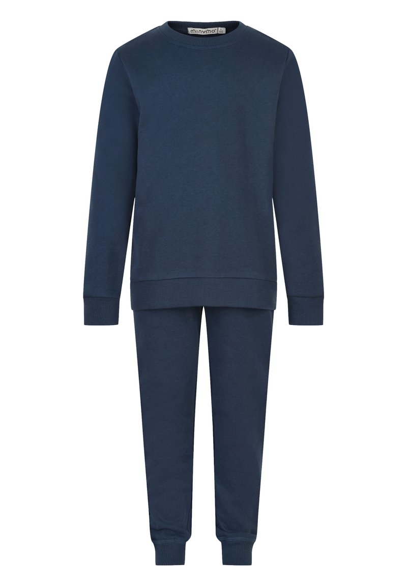 Zestaw składający się z granatowej bluzy i spodni, wykonany z miękkiej bawełny, z okrągłym dekoltem, długimi rękawami oraz elastycznymi mankietami przy kostkach i nadgarstkach.