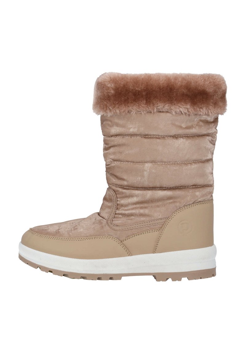 Beige vattentålig vinterstövel med vadderad ovandel, fuskpälskrage och textured gummisula, med en slät finish och subtila sömmar.