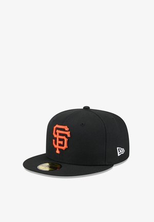 Black baseball cap featuring an orange embroidered "SF" logo on the front, with a flat brim and white New Era logo on the side.