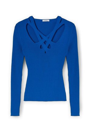 Langemouwen, geribbelde trui in een levendige blauwe kleur, met een crisscross halsontwerp en een slim fit vorm. Soepele textuur aan de hele trui.
