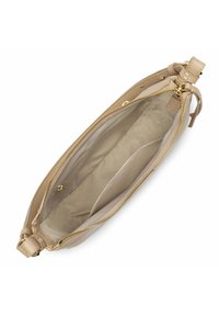 Pochette in pelle beige con chiusura a zip. L'interno presenta una fodera in tessuto liscia e una piccola tasca, progettata per una facile organizzazione.