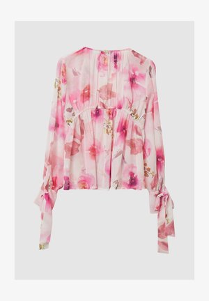 Floralbluse aus leichtem, transparentem Stoff in Rosatönen. Mit langen Ärmeln, Knoten-Details und gerafftem Elastikbund in der Taille.