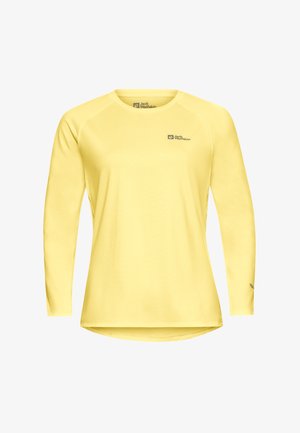 Langärmliges gelbes Hemd aus leichtem Stoff, mit rundem Ausschnitt und einem Logo auf der oberen linken Seite, glatte Textur.