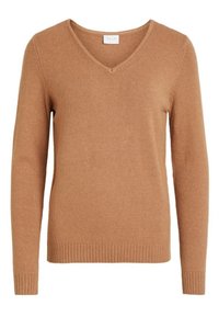 Suéter marrón de cuello en V hecho de tejido suave, con mangas largas y un dobladillo acanalado. Diseño simple sin patrones o acentos adicionales.