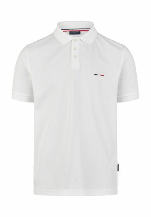 Weißes Polohemd aus Baumwolle mit Knopfleiste und kurzen Ärmeln. Besitzt ein kleines gesticktes Logo in Rot, Blau und Marineblau.