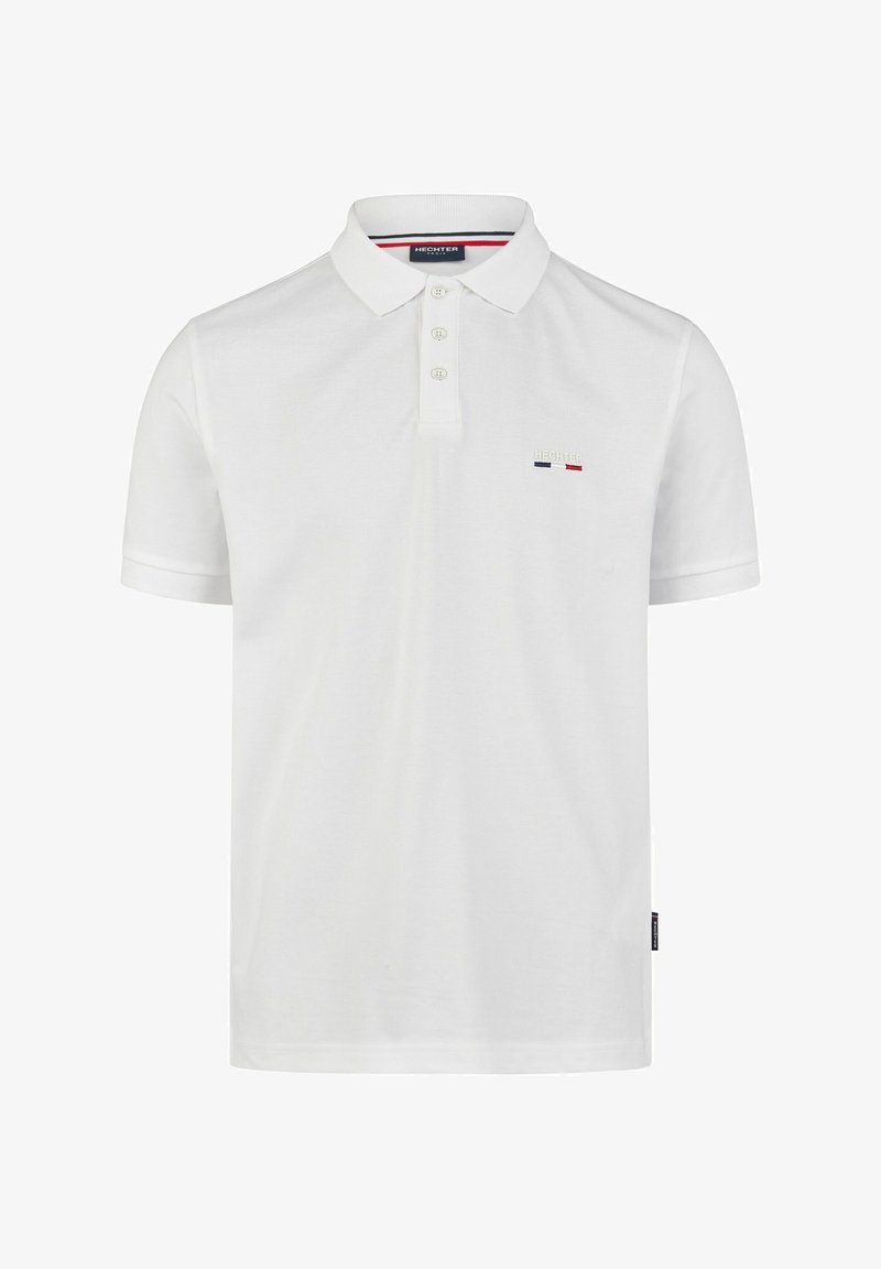 Weißes Polohemd aus Baumwolle mit Knopfleiste und kurzen Ärmeln. Besitzt ein kleines gesticktes Logo in Rot, Blau und Marineblau.