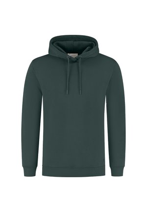 Dunkelgrüner Pullover-Hoodie mit vorderen Kordeln, langen Ärmeln und gerippten Bündchen sowie Saum, vor einem weißen Hintergrund dargestellt.