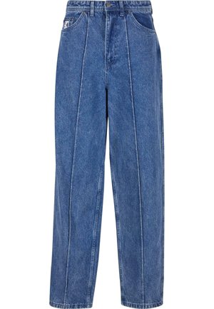 Blue denim jeans with a high waist, loose fit, and vertical white stitching detail. Features front pockets and a branded patch.