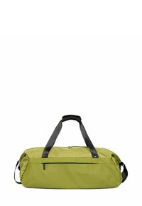 Sac de sport en tissu vert avec poignées noires, fermeture éclair et poche latérale. Texture douce avec une forme rectangulaire et coutures renforcées.