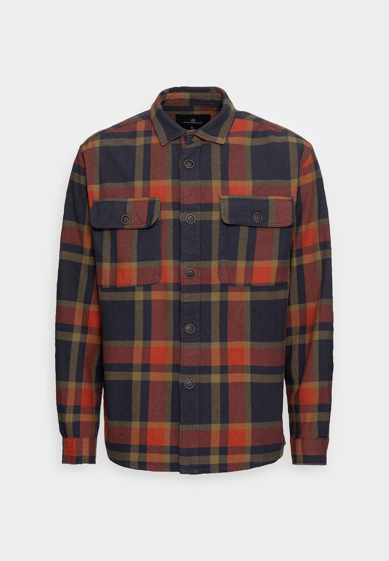Plaid flannel shirt in navy, red, and olive green with a button-down collar, two front pockets, and a straight hem. Button closure front.