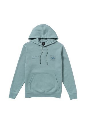 Light blue hoodie with a front pocket, drawstring hood, and RVCA logos in contrasting tones on the chest. Soft fabric texture.