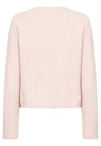 Knit sweater in light pink, featuring a textured pattern, long sleeves, and a cropped design with a ribbed hem and cuffs.