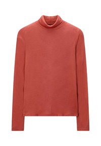 Langärmliges, Turtle-Neck-Oberteil in rostorange aus weichem, glattem Stoff. Verfügt über eine lockere Passform und einen sauberen Saum.