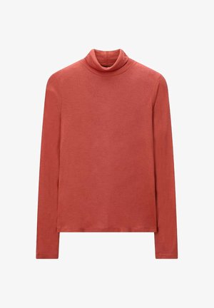 Langarm, coltrui in een roestoranje kleur gemaakt van een zachte, gladde stof. Heeft een relaxte pasvorm en een nette zoom.