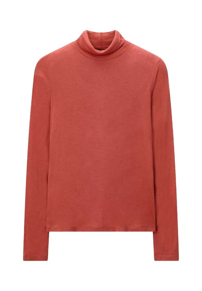 Langärmliges, Turtle-Neck-Oberteil in rostorange aus weichem, glattem Stoff. Verfügt über eine lockere Passform und einen sauberen Saum.
