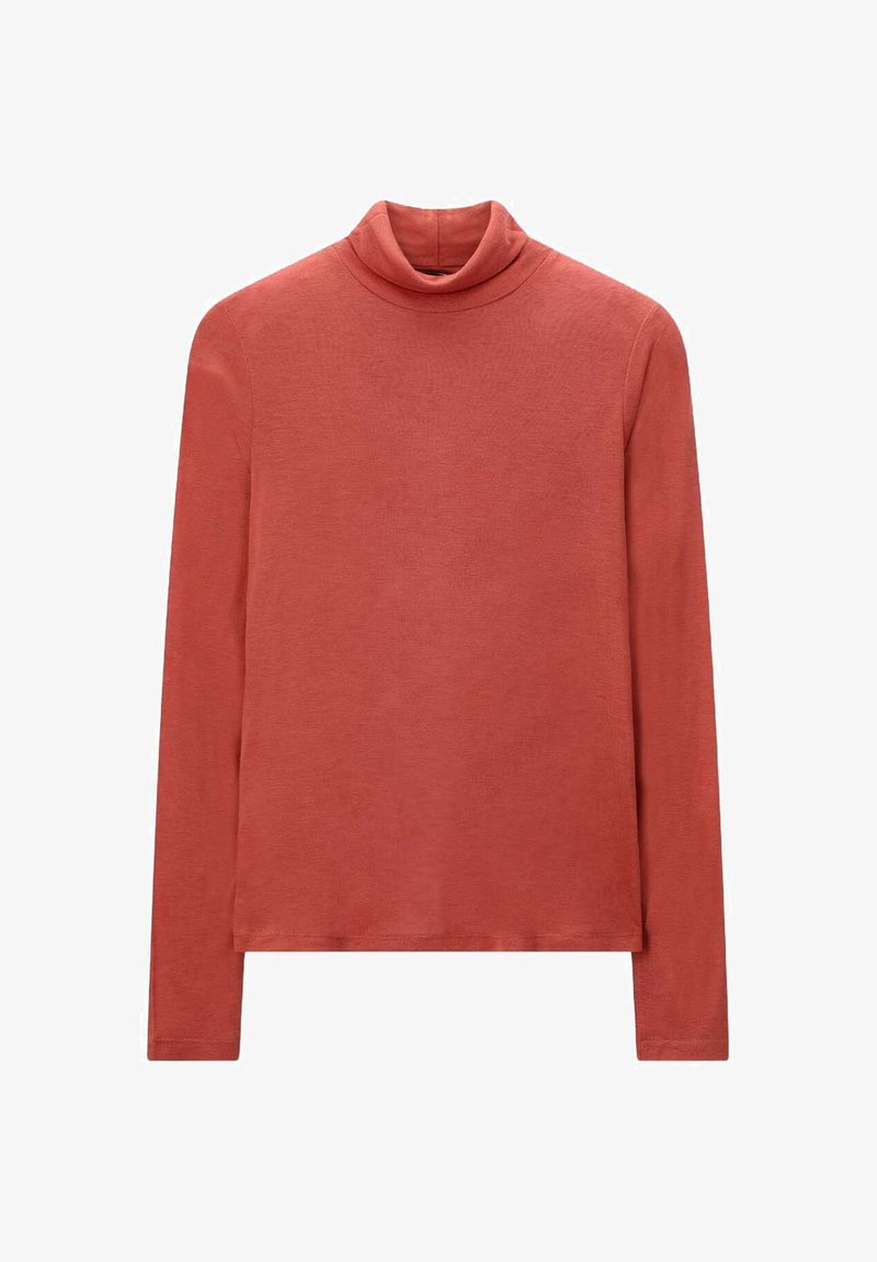 Langärmliges, Turtle-Neck-Oberteil in rostorange aus weichem, glattem Stoff. Verfügt über eine lockere Passform und einen sauberen Saum.