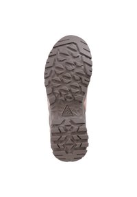 Trail-Schuhsohle mit einer massiven, strukturierten Gummioberfläche und tiefen Profilen in Grau, entwickelt für Grip auf verschiedenen Untergründen.