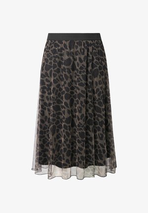 Gonna a stampa leopardata nera e marrone con un design in rete fluente, vita elastica e un look a strati. Il tessuto trasparente mette in mostra un rivestimento interno.