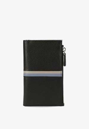 Black textured leather wallet with horizontal gray and light blue stripes and a zippered side compartment.