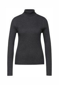 Pull à col roulé côtelé de couleur gris foncé, avec manches longues et une silhouette ajustée, fabriqué en maille douce.