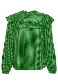 Green checkered blouse with ruffled detail at the shoulders, long sleeves, and a high neckline, made from lightweight fabric.