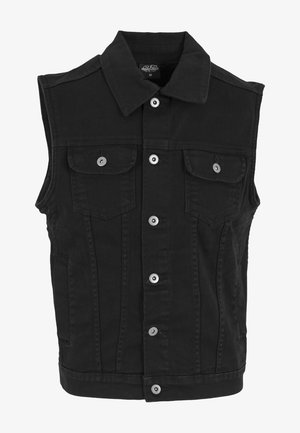 Zwarte spijkervest zonder mouwen, met twee borstzakken, zilveren drukknopen en een gladde textuur. Gestructureerd kraagontwerp.