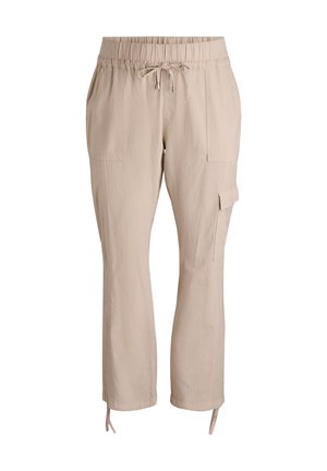 Beiget väriset cargo-housut, joissa on joustava vyötärö ja kiristysnyöri. Varustettu kahdella sivutaskulla ja säädettävillä lahkeensuilla. Valmistettu kevyestä kankaasta.