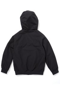 Zwarte hoodie met elastische manchetten en zoom, gladde buitenkant en een subtiele achterpas. Eenvoudig en functioneel ontwerp.