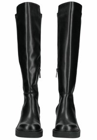 Botas negras por encima de la rodilla hechas de material sintético suave, con puntera redonda, suela de plataforma baja y detalles de cremallera lateral.