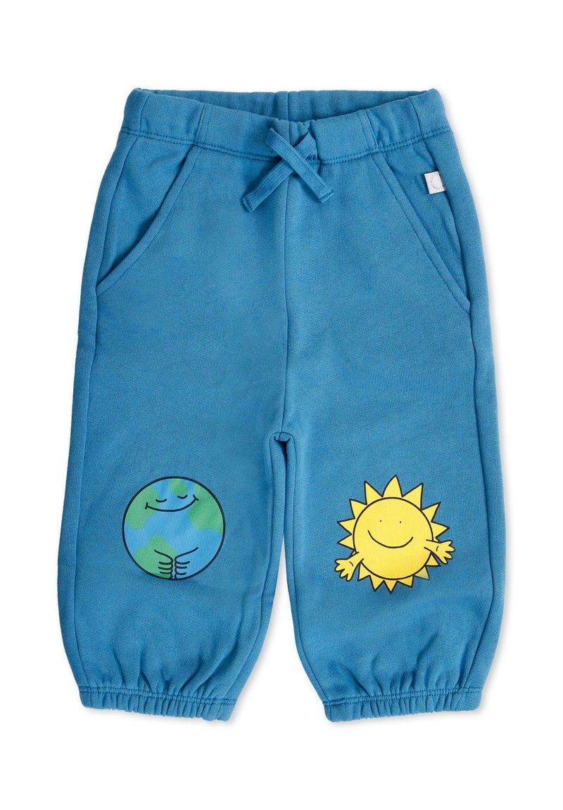 Pantalon de jogging bleu en coton avec deux motifs imprimés : une Terre verte et bleue à gauche et un soleil jaune souriant à droite. Comprend des poignets élastiques.