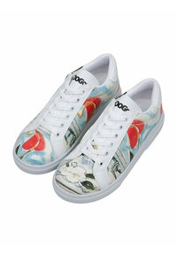 White sneakers featuring a colorful floral print with red and blue accents, smooth leather material, six eyelets, and a flat rubber sole.