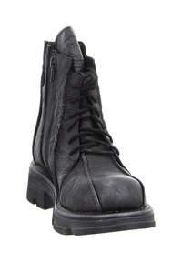 Schwarze Leder-Stiefeletten mit strukturierter Oberfläche, featuring a Schnürung vorne, seitlichem Reißverschluss und robuster Gummisohle.