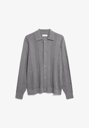 Grijze cardigan van ribgebreide stof, met een kraag halslijn, knoopsluiting en lange mouwen met eenRelaxte pasvorm.