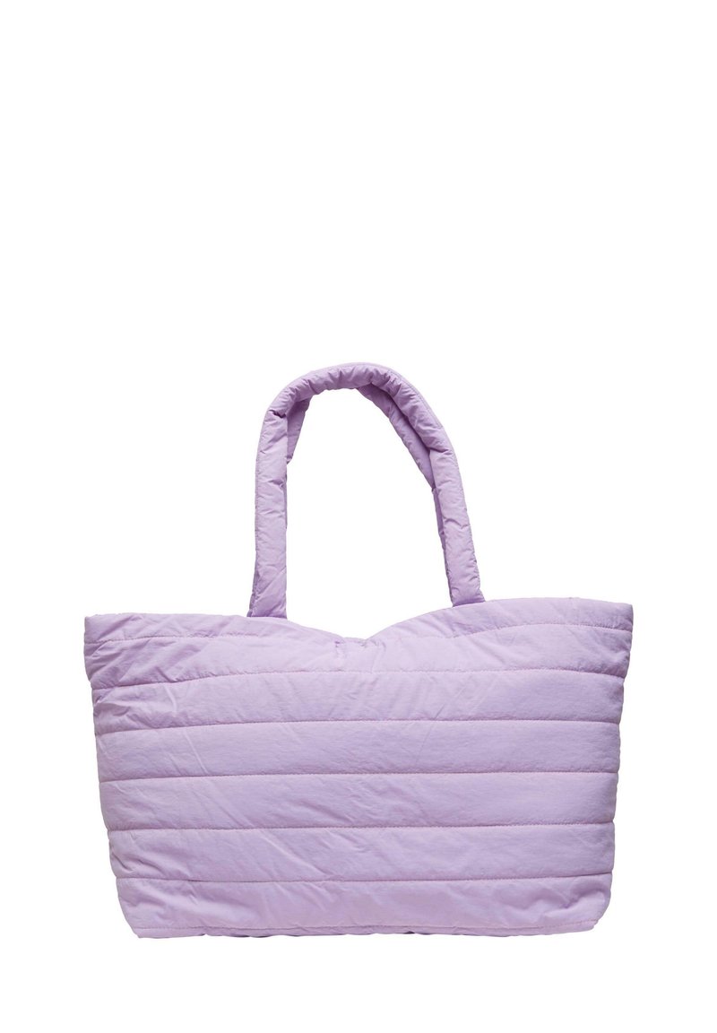Light purple quilted tote bag with a wavy top edge, two handles, and stitched horizontal lines, made from soft, padded material.